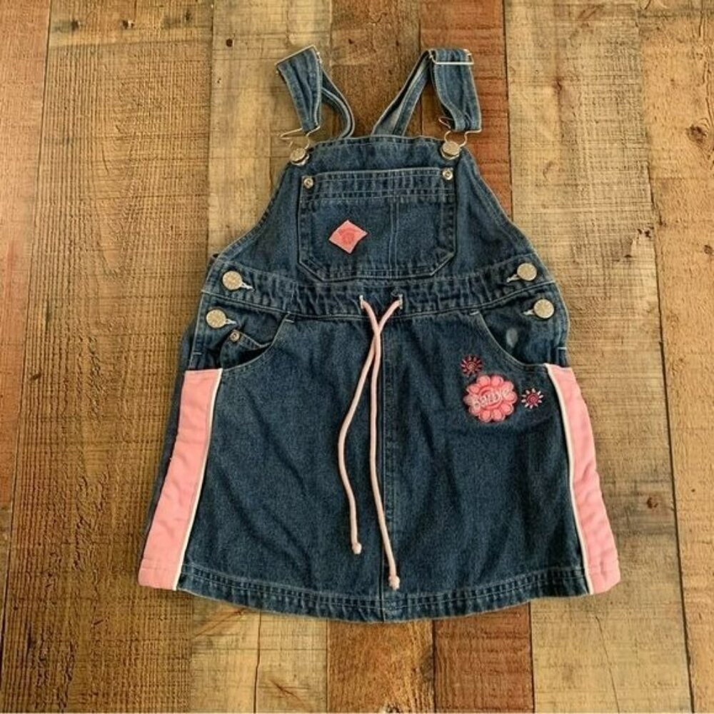 Barbie girls vintage dress denim jean overalls with embroidered pink flowers -4